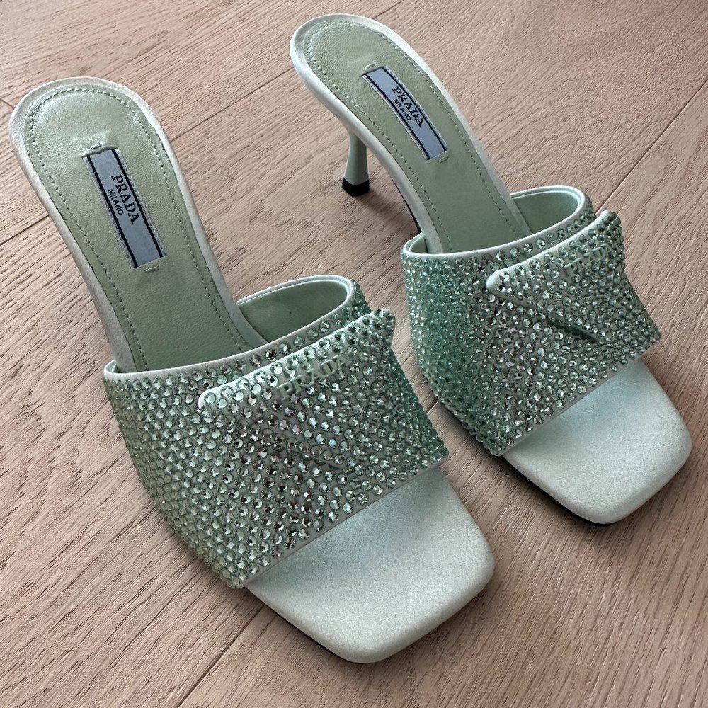Prada Satin Heeled Sandals with Crystals - Size 36